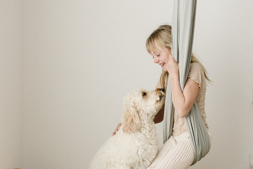 Child relaxing in a Stone double-layer sensory swing while interacting with a dog.
