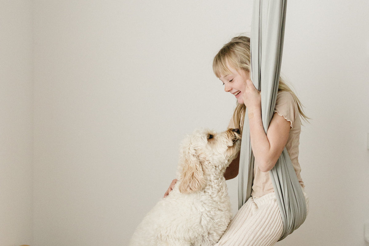 Child relaxing in a Stone double-layer sensory swing while interacting with a dog.