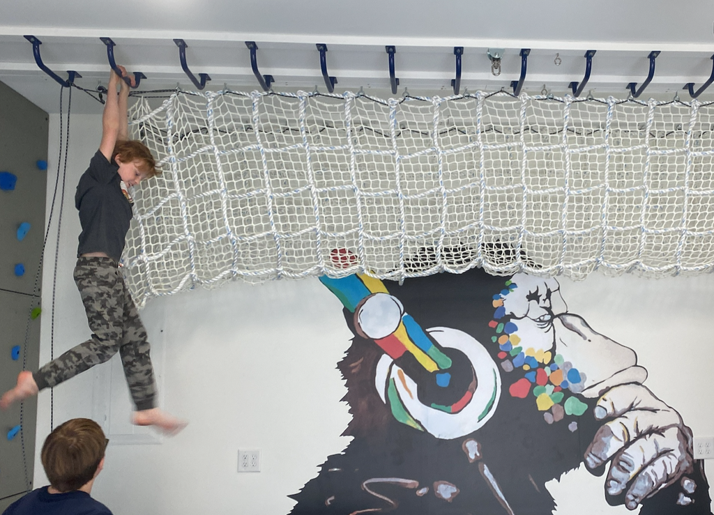 Cargo net tunnel and ceiling monkey bars in a kids' playroom