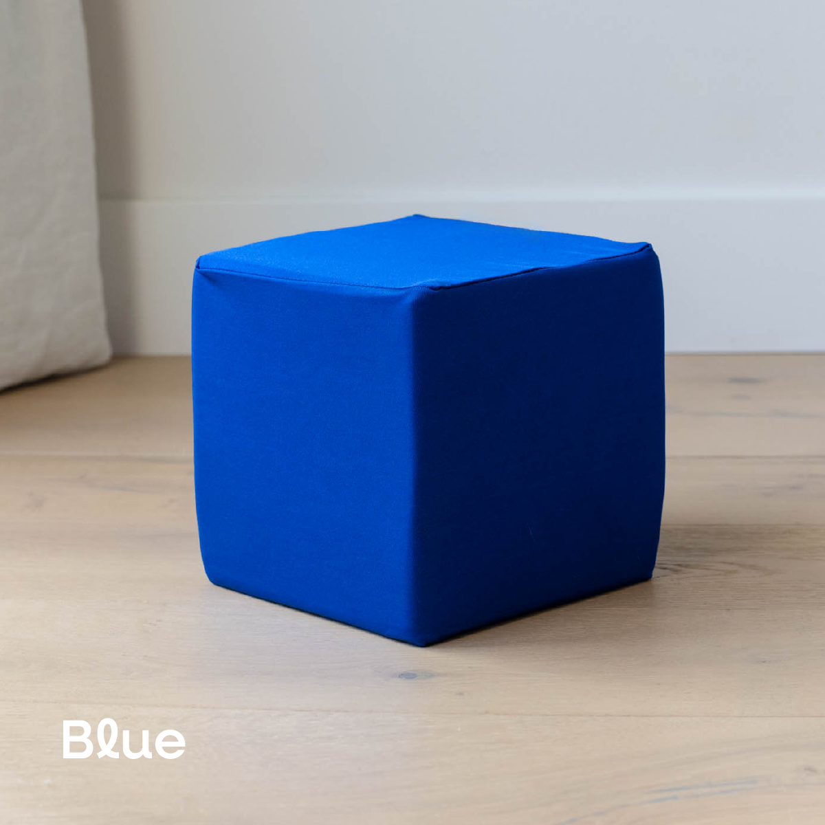 Blue foam cube cover on a 6-inch foam cube