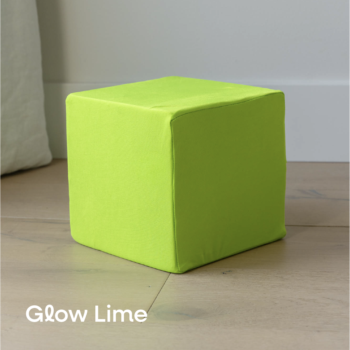 Glow Lime foam cube cover, black light reactive, on a 6-inch foam cube