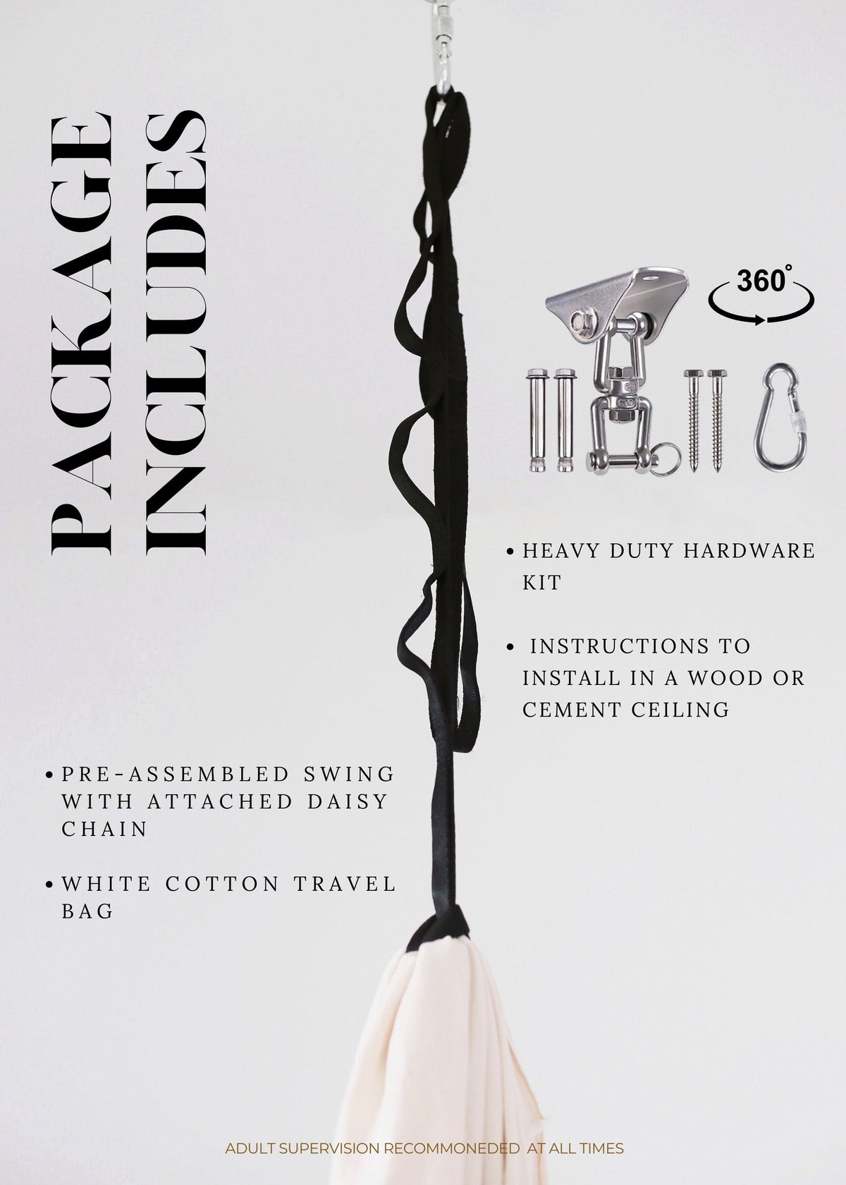 Sensory swing hanging kit with adjustable daisy chain strap, 360-degree swivel ceiling mount, carabiner and mounting hardware.