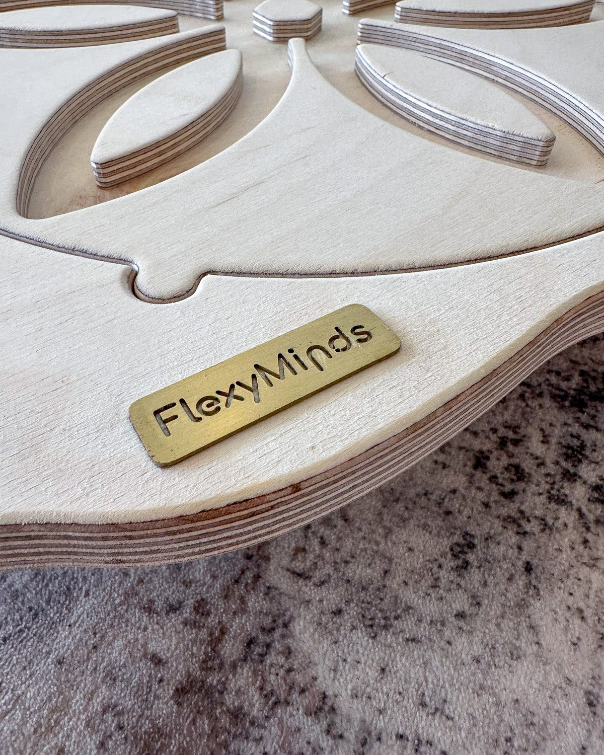 Close up image of balance board showing FlexyMinds branding