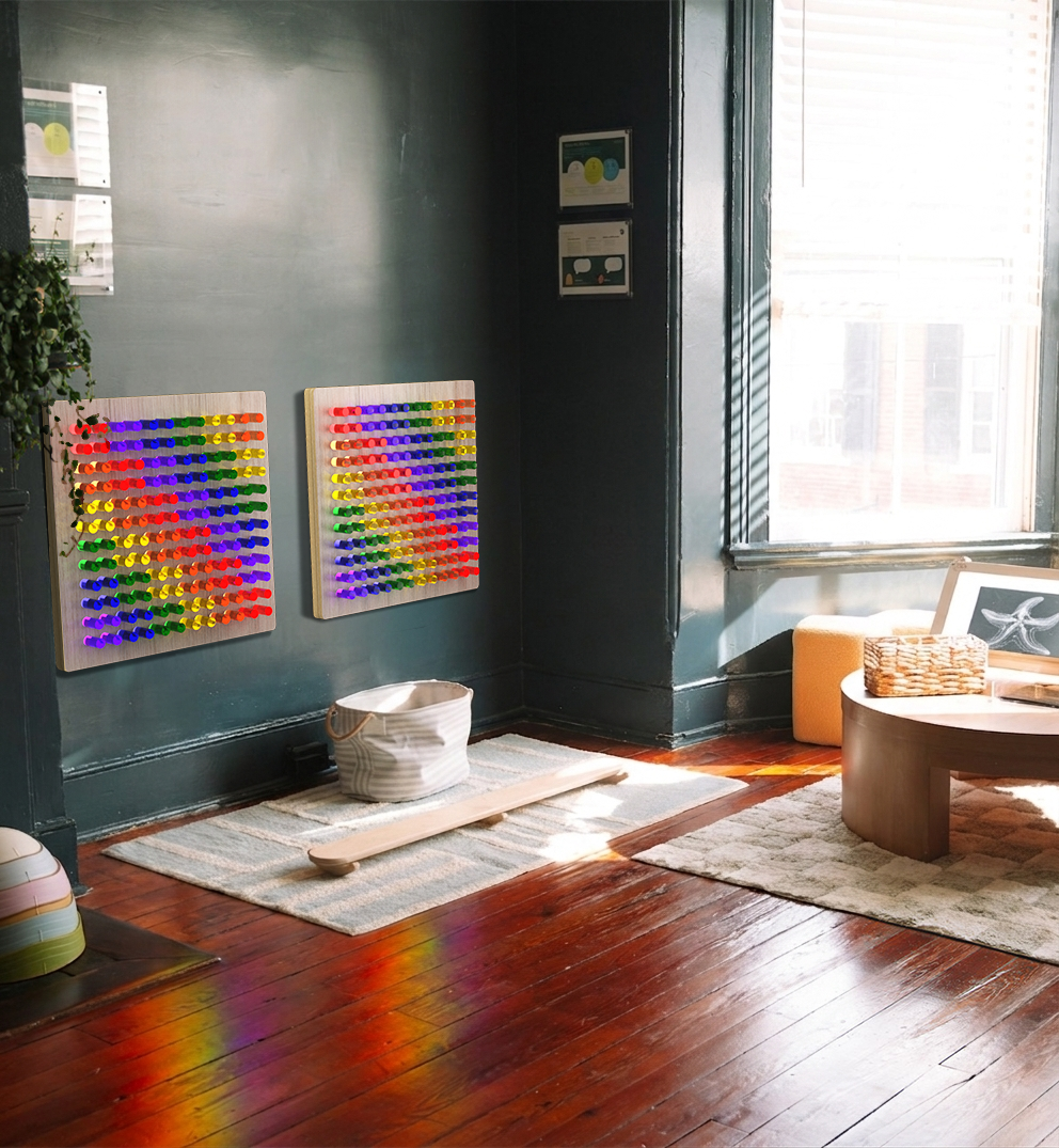 Two LiteZilla Lite Brite boards mounted in a children's creative play space