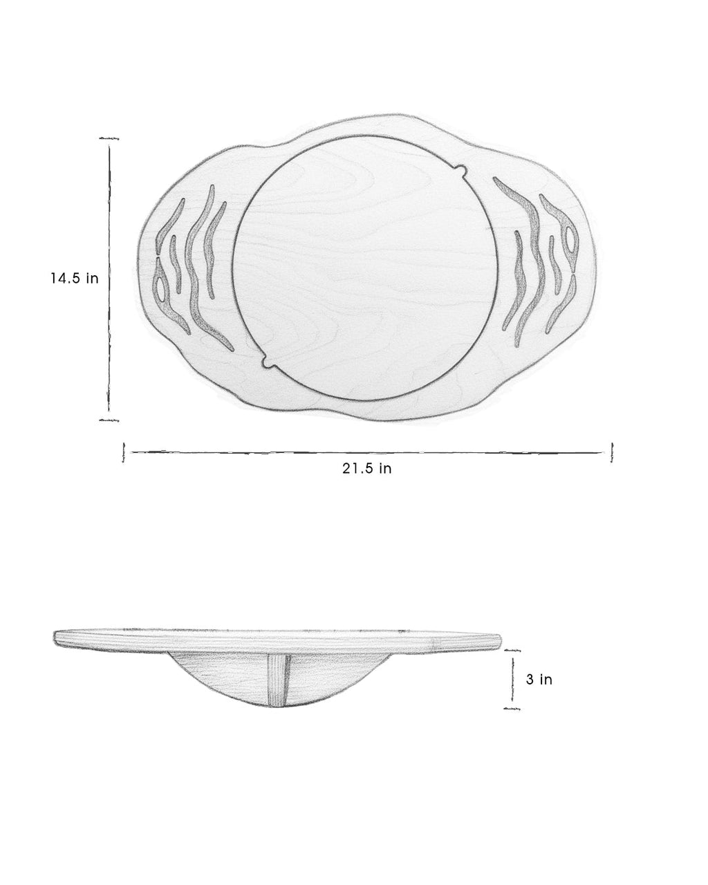 Balance board dimensions diagram showing width and rocker height