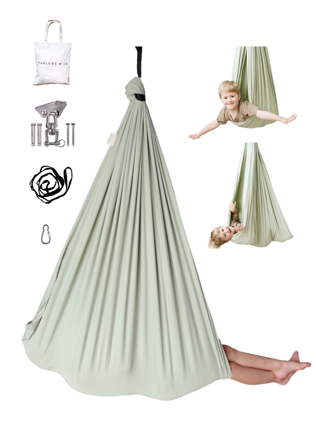 Desert Sage double-layer sensory swing with hanging hardware and children demonstrating ways to play