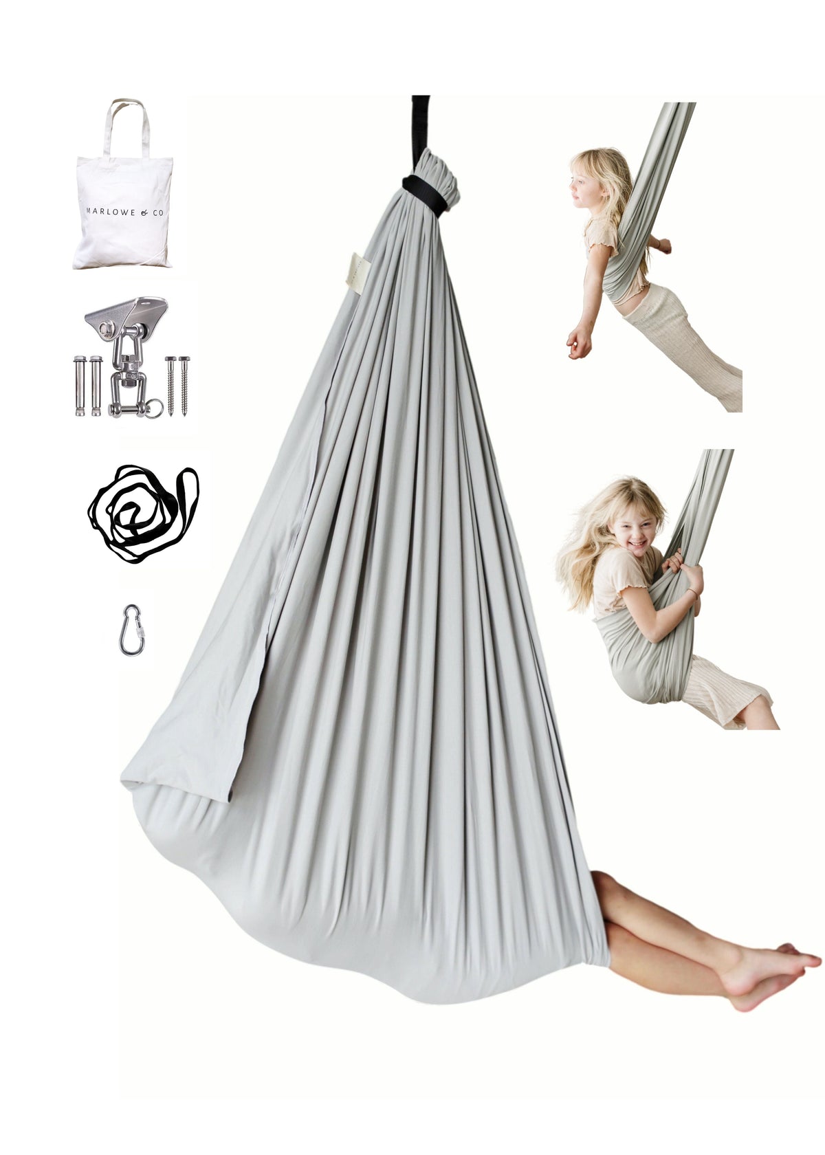 Stone double-layer sensory swing for kids with included ceiling mounting hardware and adjustable daisy chain strap.