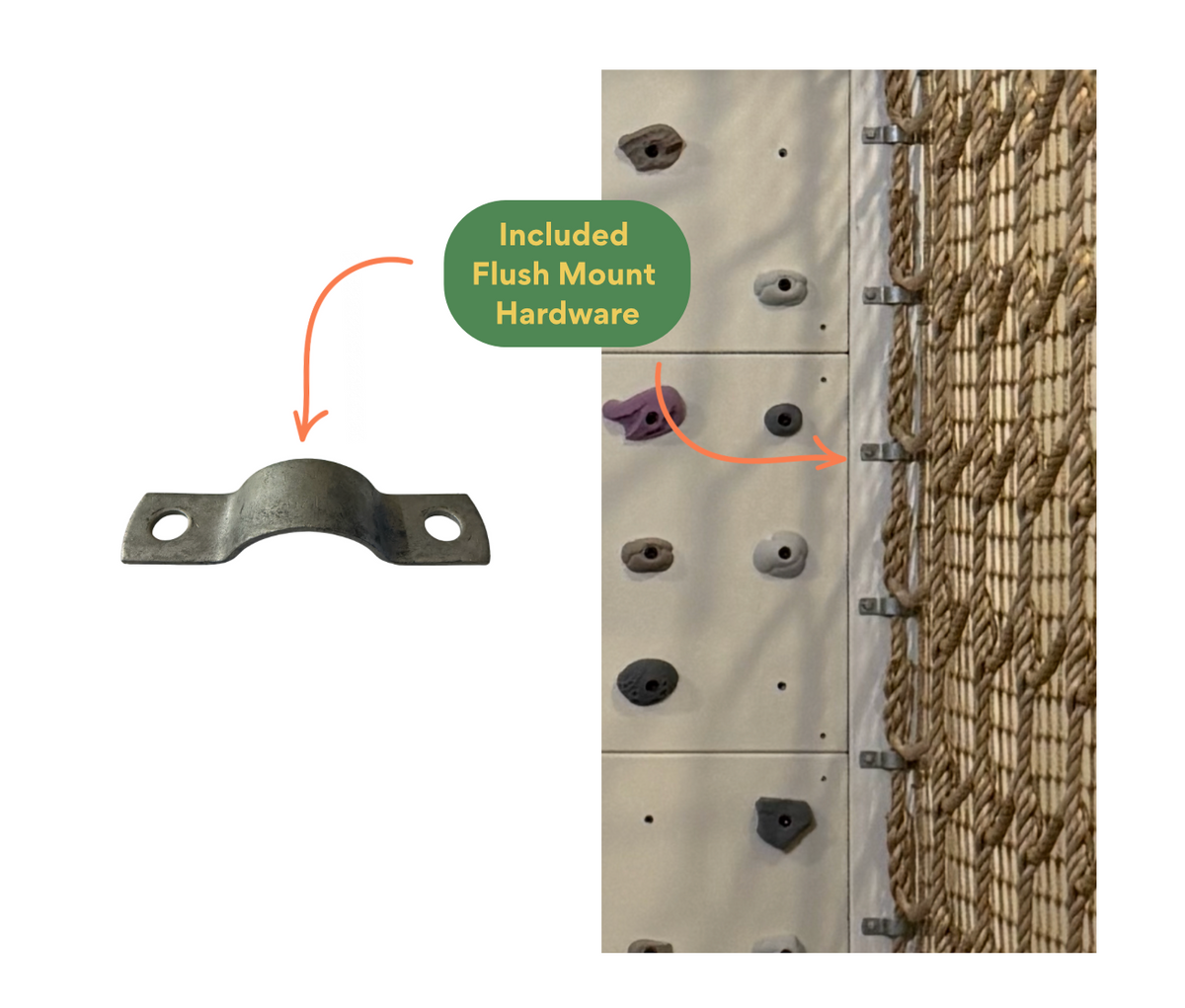 Included flush mount hardware attaching the net tunnel to a climbing wall