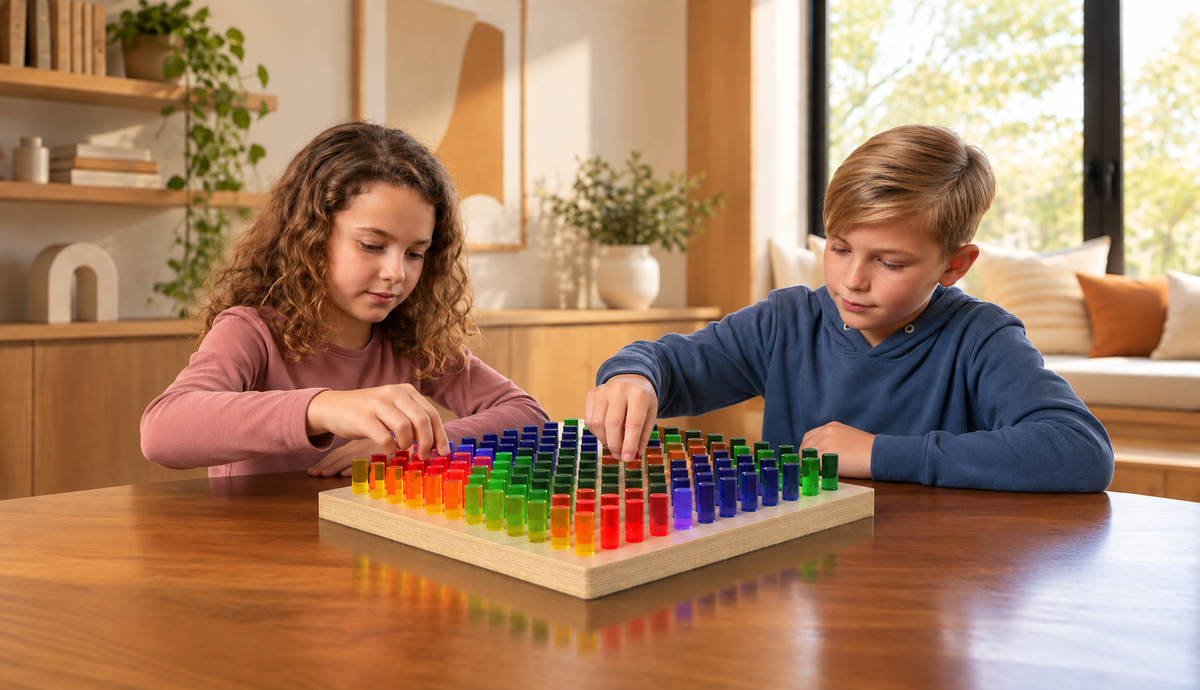 Two children creating designs with a tabletop 24-inch Lite Brite by LiteZilla
